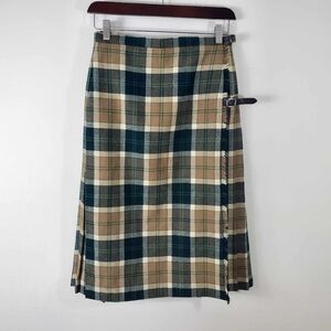 Vintage 80s Scottish Tartan Plaid Midi Skirt Pleated 100% Wool Leather Straps S
